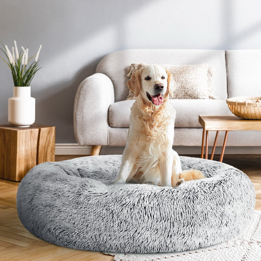 Soft Grey Donut Pet Bed – Cozy Calming Lounge for Dogs & Cats