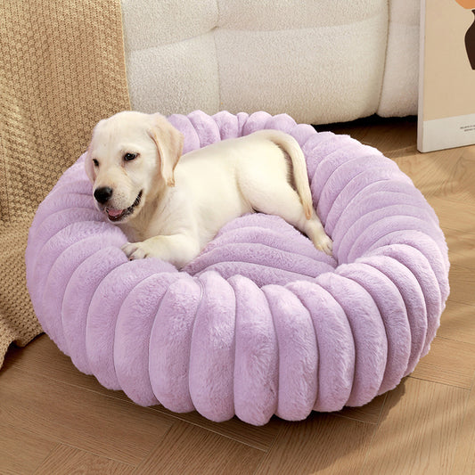 Pastel Ribbed Plush Donut Pet Bed – Soft Anxiety‑Relief Cushion purple dog